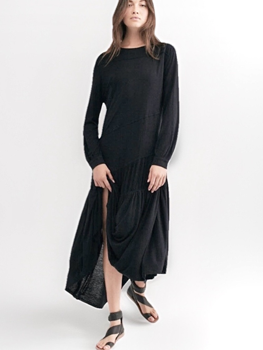 Free People Beach NWOT Jilly Linen Blend Tiered Black Oversized Midi Dress, XS